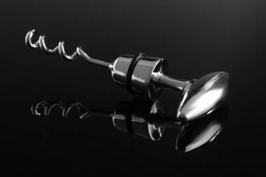 Koyu ayna yüzeyinde bir metal tirbuşon, yakın plan.