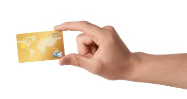 Beyaz arka plan üzerinde closeup kredi kartı tutan adam
