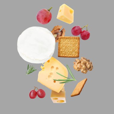 Gri arka planda farklı peynir, kraker, üzüm, biberiye ve ceviz çeşitleri