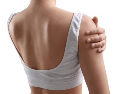 Beyaz arka planda sportif bir kadın, yakın plan görüntüsü