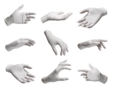 Beyaz arka planda tıbbi eldivenler, fotoğraf kolajı.