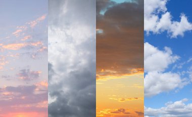 Mevsim değişiminden dolayı farklı hava koşulları. Gökyüzü fotoğraflarıyla kolaj