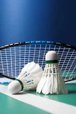 Tüylü badminton mekik penisleri ve raket yeşil masada mavi arka planda, yakın plan