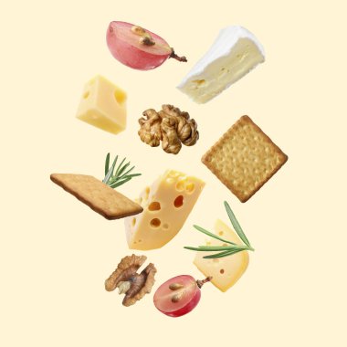 Bej arka planda farklı peynir, kraker, üzüm, biberiye ve ceviz çeşitleri