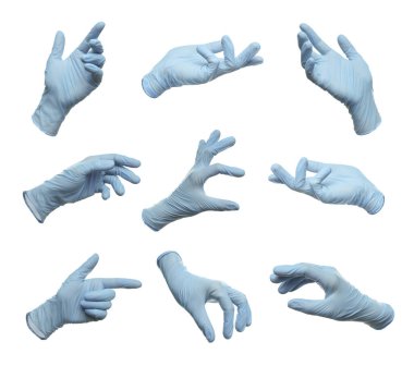 Beyaz arka planda mavi tıbbi eldiven, fotoğraf kolajı.