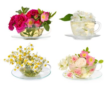 Fincanlarda lezzetli bitki çayı ve beyaz arka planda güzel çiçekler.