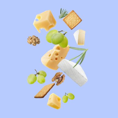 Açık mavi arka planda farklı peynir, kraker, üzüm, biberiye ve ceviz çeşitleri