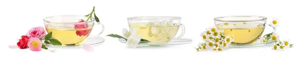 stock image Delicious herbal tea in cups and beautiful flowers on white background, set