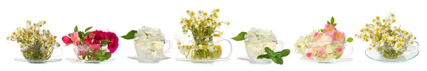 stock image Delicious herbal tea in dishware and beautiful flowers on white background, set