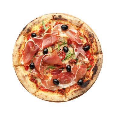 Pişmiş jambonlu, zeytinli ve domatesli leziz pizza.