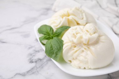 Beyaz mermer masada nefis burrata peyniri ve fesleğen, yakın plan. Metin için boşluk