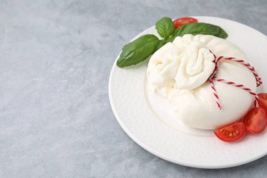 Lezzetli taze burrata peyniri fesleğen yapraklı ve domatesli gri masa, yazı için yer