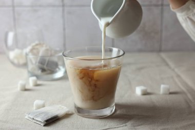 Sütü bardağa doldur, çay iç, yakın çekim yap.