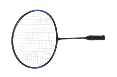 Bir badminton raketi beyaza izole edilmiş. Spor malzemeleri.