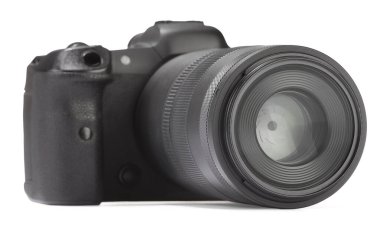 Modern kamera beyaza izole edilmiş. Fotoğraf ekipmanı.