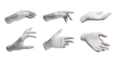 Beyaz arka planda tıbbi eldivenler, fotoğraf kolajı.