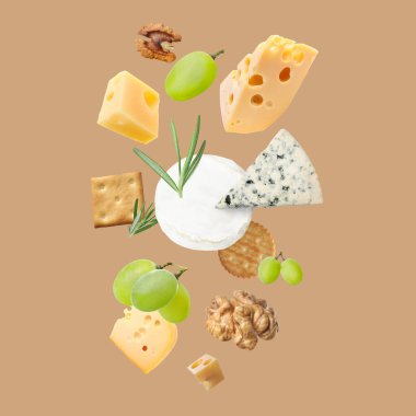 Farklı peynir, kraker, üzüm, biberiye ve ceviz çeşitleri koyu bej arka planda.