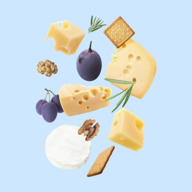 Açık mavi arka planda farklı peynir, kraker, üzüm, biberiye ve ceviz çeşitleri