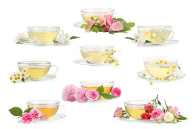 Fincanlarda lezzetli bitki çayı ve beyaz arka planda güzel çiçekler.