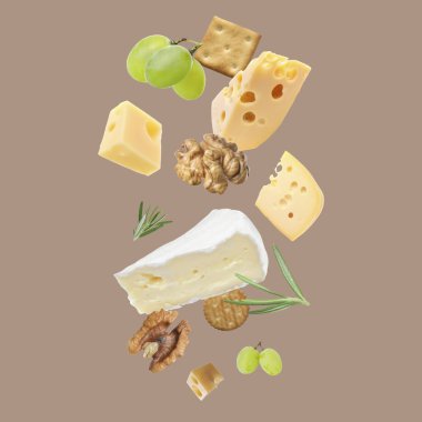 Farklı peynir, kraker, üzüm, biberiye ve ceviz çeşitleri koyu bej arka planda.