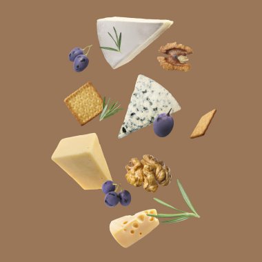 Açık kahverengi arka planda farklı peynir, kraker, üzüm, biberiye ve ceviz türleri.