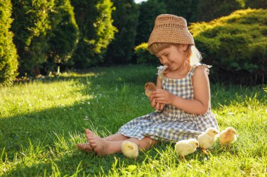 Yeşil çimlerde güzel hatunları olan küçük bir kız. Yavru hayvanlar