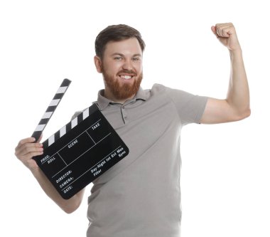 Making movie. Smiling man with clapperboard on white background