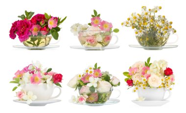 Fincanlarda lezzetli bitki çayı ve beyaz arka planda güzel çiçekler.