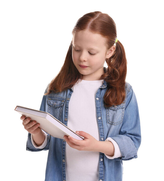 Cute little girl with book on white background