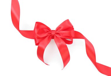 Kırmızı saten kurdele, beyaz yay ile izole, üst görünüm