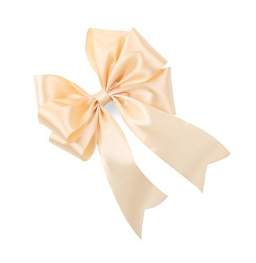 Bej saten kurdele yayı beyaz, üst görünümde izole edilmiş.