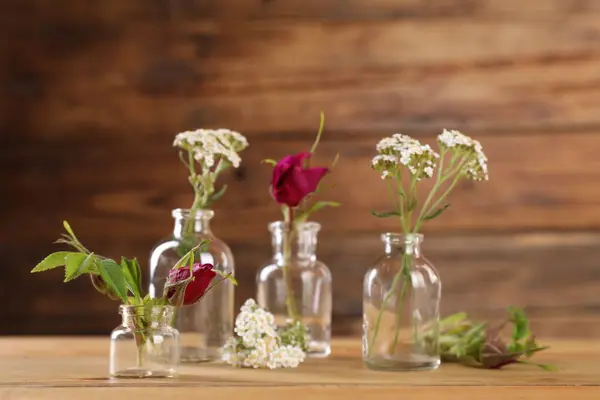 stock image Different flowers in glass bottles on wooden table