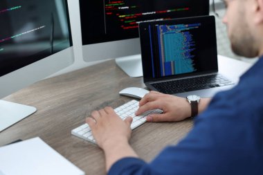 Ofisteki masada bilgisayarla çalışan programcı, kapat