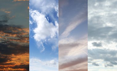 Mevsim değişiminden dolayı farklı hava koşulları. Gökyüzü fotoğraflarıyla kolaj