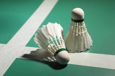 İki tüylü badminton mekiği yeşil masada.