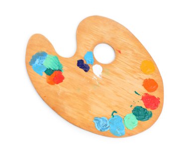 Tahta ressamın paleti, beyaz renkte izole boyalar, üst manzara.