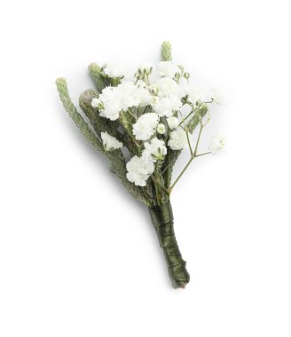 Küçük şık bir yaka çiçeği, beyaz bir manzarada izole.