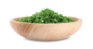 Taze yeşil dereotu beyaz kasede izole edilmiş.