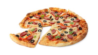 Kurutulmuş sosisli, zeytinli, biberli ve peynirli leziz pizza.