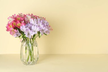 Bej arkaplanda vazoda güzel alstroemeria çiçekleri, metin için boşluk