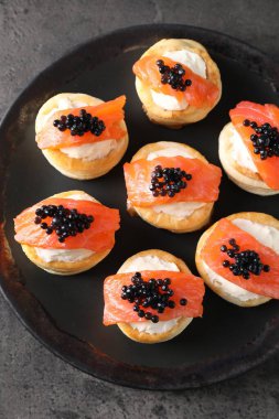 Krem peynirli lezzetli puf böreği, somon balığı ve siyah havyar gri masada, üst manzara