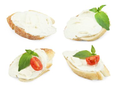 Krem peynirli leziz sandviçler beyaz sette.