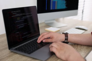 Ofiste dizüstü bilgisayarla çalışan programcı, kapat