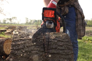 Ağaç kesen bir adam, yakın çekim manzarası.