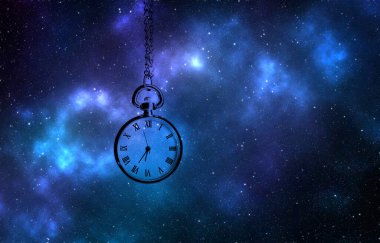 Kronometre ve gece yıldızlı gökyüzü, çift pozlama. Zaman kavramı