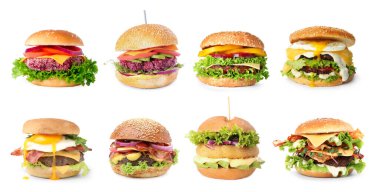 Farklı lezzetli hamburgerler. Beyazlar üzerinde izole edilmiş.