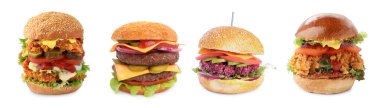 Farklı lezzetli hamburgerler. Beyazlar üzerinde izole edilmiş.