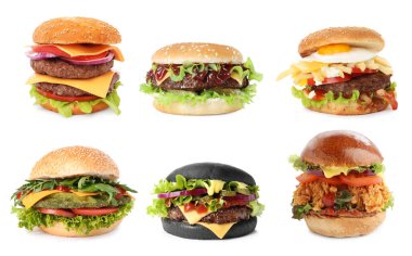 Farklı lezzetli hamburgerler. Beyazlar üzerinde izole edilmiş.