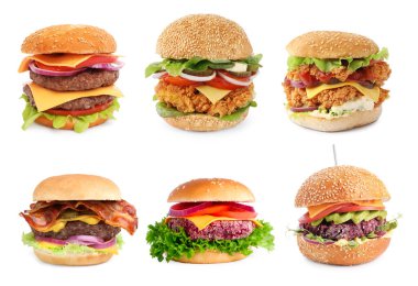 Farklı lezzetli hamburgerler. Beyazlar üzerinde izole edilmiş.