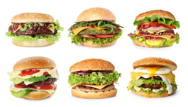 Farklı lezzetli hamburgerler. Beyazlar üzerinde izole edilmiş.